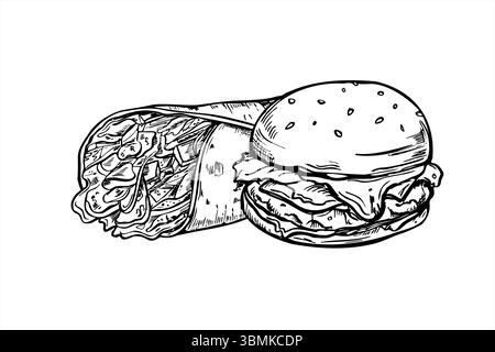 Monochrome Vektor Sesam Burger und Mehl Tortilla Wraps mit Gemüse, gegrilltem Fleisch, Salatblätter Illustration gemalt von schwarzen Tinten. Stock Vektor