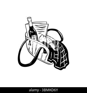 Handgezeichneter Picknickkorb mit Doodle und Flasche Wein, Zitronen und karierter Decke. Mittagessen im Freien im Sommer. Italienische romantische Dating. Einkaufstasche aus Korb. Stock Vektor