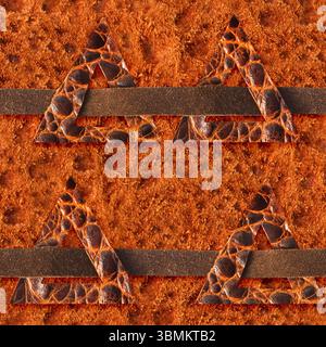 Nahtloses 4K-Fotomaterial aus orangefarbenem Wildleder mit dreieckigen, verzierten, roten Riemen aus Reptilienhaut. Stockfoto