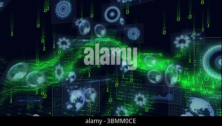 Anzeige grüner Binärwellen, die durch den virtuellen Raum fließen, mit Gliedern und Liniendiagrammen Stockfoto