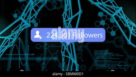 Benachrichtigung über digitale Follower-Zählung über DNA-Stränge und binäres Codierungsbild Stockfoto