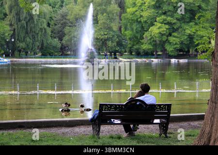 Ein Paar sitzt auf einer hölzernen Parkbank an einem ruhigen Teich in den Cismigiu-Gärten und beobachtet Enten, die über das Wasser gleiten, Bukarest, Rumänien Stockfoto