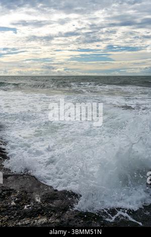 Felsige Küste mit einer großen Welle, die in die Felsen stürzt. Das Wasser ist abgehackt und die Felsen sind mit Algen bedeckt. Szene ist eine von Macht und Kraft Stockfoto