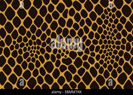 Nahtloses Pythonhautmuster mit großen schwarzen Skalen mit Spiraleffekt auf orangefarbenem Hintergrund. Stock Vektor