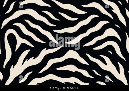 Nahtloses Skunk-Pelzmuster mit gewellten, unregelmäßigen weißen Streifen auf schwarzem Hintergrund. Stock Vektor