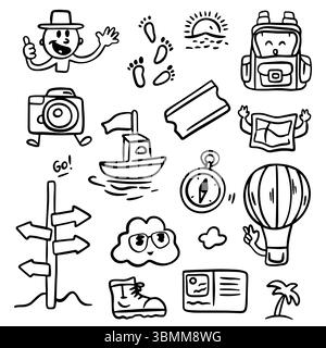 Set mit Kritzelschildern für die Reise. Tourismus- und Sommerabenteuer-Ikonen im Retro-Cartoon-Stil. Clip-Art-Elemente für unterwegs Stock Vektor