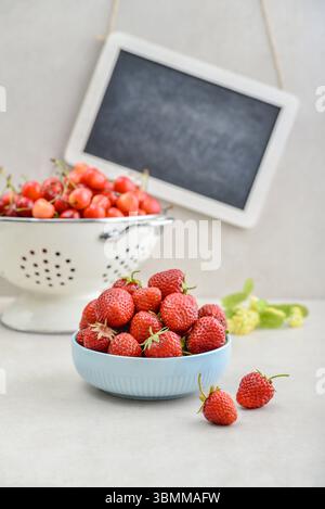 Reife Erdbeeren in einer blauen Schüssel und ein weißes Emailsieb voller süßer Kirschen mit gerahmter Tafel auf hellem Hintergrund Stockfoto