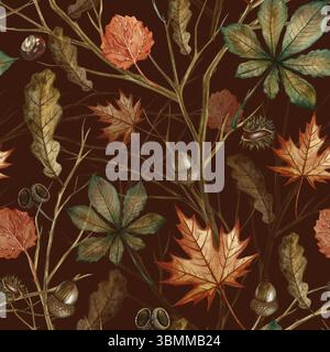 Nahtloses Muster mit verschiedenen Herbstblättern und Zweigen. Handgemachte Aquarellillustration. Ein Farbbild auf dunklem Hintergrund. Zum Verpacken, Dekor Stockfoto