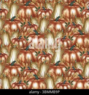 Nahtloses Herbstmuster mit Kürbissen, Blättern und Blumen sowie verschiedenen Herbstelementen. Handgemachte Aquarellillustration. Zum Verpacken, Dekor Stockfoto