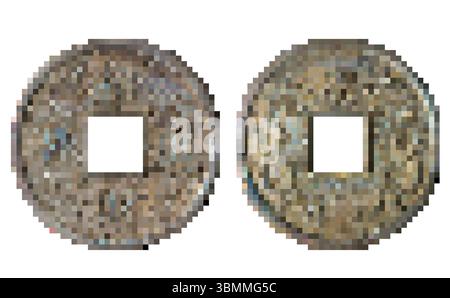 Isoliertes Pixel-Kunstfoto der asiatischen Bronze-chinesischen Münze auf weißem Hintergrund. Stockfoto