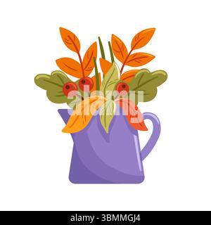 Ein unglaublich lebendiger Herbststrauß mit leuchtend orangefarbenen Blättern und dekorativen Beeren, die in einem satten violetten Krug platziert werden Stock Vektor
