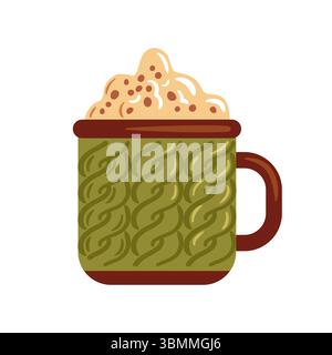 Diese Vektor-Illustration zeigt einen gemütlichen Becher mit einem strukturierten grünen Strickdesign, das mit schaumiger Creme gefüllt ist. Es ist perfekt für die Übertragung von Wärme und Komfort Stock Vektor