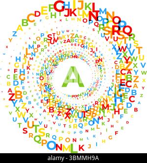 Abstrakte Vektorillustration von zufällig verstreuten bunten englischen Lettes ABC Alphabet in Form von Spiralwirbel, dynamische Komposition mit Symbolen, i Stock Vektor