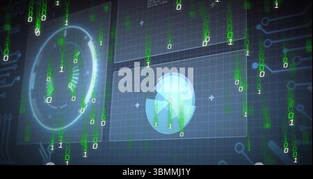 Projizierendes HUD-Element, das in der Steuerschnittstelle schwimmt, mit binären Codeströmen, Panels, Raster Stockfoto