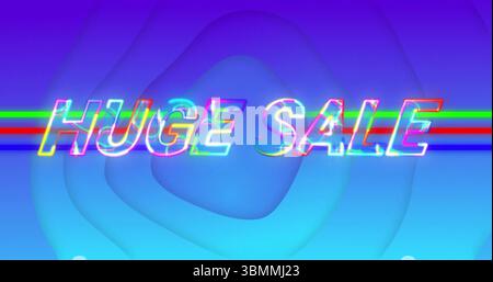 Der RIESIGE VERKAUFSTEXT in Neonfarben ist holografisch auf dem Banner mit RGB-Glitzerstreifen geglitscht Stockfoto