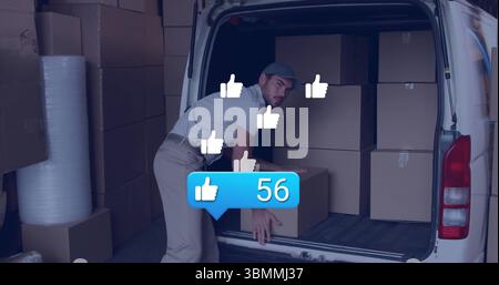 Hebebox des biegenden Transporters in der Laderampe, mit Symbolen für Transporter, Luftpolsterfolie und schwimmenden Symbolen, die 56 anzeigen Stockfoto