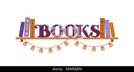 Diese helle Vektor-Illustration verfügt über ein skurriles Regal, das mit bunten Büchern und dekorativen Girlanden verziert ist und eine gemütliche Atmosphäre für Readi schafft Stock Vektor