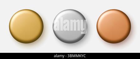 Satz runder Hochglanz-3D-Embleme in Metallic-Farben. Goldene, silberne und bronzene Medaillen. Vektorabbildung Stock Vektor