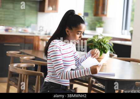 Afroamerikanerin liest Brief am Esstisch in der Küche neben Notizbuch und Pflanze Stockfoto