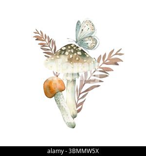 Herbstillustration mit Waldpflanzen. Isoliert auf weißem Hintergrund Komposition mit Pilzen Stockfoto