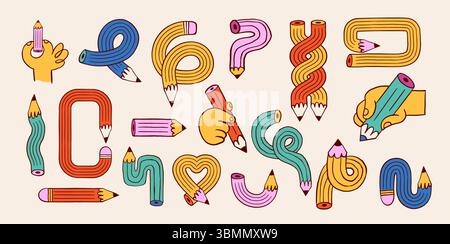 Sammlung von bunten, funkigen Bleistiftillustrationen und Kritzeleien Stock Vektor