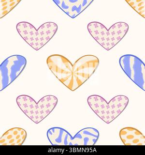 Nahtloses Vintage y2k-Muster mit Herzen. Verdrehte Formen, trendige verzerrte Grunge-Figuren in Blau, Violett, Gelb und Beige. Trippy Vector Psyc Stock Vektor