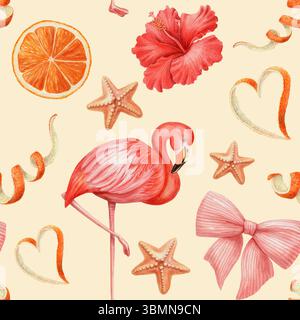 Nahtloses Muster mit Flamingo-Hibiskus und Seesternen in trendigem Aquarellstil. Rosafarbene tropische Illustration auf gelbem Hintergrund. Perfekt für den Sommer Stockfoto