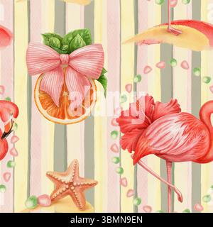 Nahtloses Muster mit Flamingo-Hibiskus und Orange in trendigem Aquarellstil. Pinke tropische Illustration auf gestreiftem Hintergrund. Perfekt für den Sommer Stockfoto