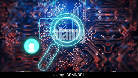 Hervorheben von Neon-Lupen-Scanning Automatisierung auf beleuchteten Schaltungskurven mit grünem Benutzersymbol Stockfoto