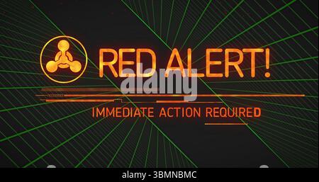 Anzeige einer roten Warngrafik mit Warnblinksymbol auf der digitalen Schnittstelle, mit Neonbalken und Rasterlinien Stockfoto