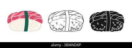 Sushi Nigiri mit Thunfisch-Symbol-Zeichentrickset. Traditionelles asiatisches japanisches Essen, lineares Doodle-Symbol. Sushi Meeresfrüchte Vektor Illustration. Stilisiertes Doodle-Design-Schild für orientalisches Menü, Café, Bar, Restaurant Stock Vektor