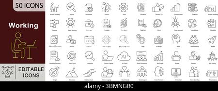 Symbolsatz „Working“ – 50 bearbeitbare Symbole für „Office Workplace“ für die Vektorsammlung „Remote Work“, „Productivity“ und „Business Operations“ Stock Vektor