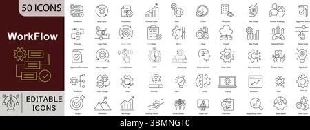 Symbolsatz für Workflow-Prozess - 50 bearbeitbare Business-Flow-Symbole für die Vektorsammlung für Projektmanagement, Automatisierung und Betriebseffizienz Stock Vektor