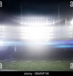 Flaches Design mit leerem, beleuchtetem Fußballstadion, das unter Flutlichtern mit Streulicht leuchtet Stockfoto
