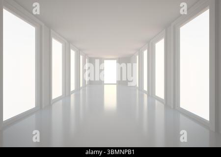 Der flache Flur ist mit glänzend weißem Boden versehen. Die Fenster sind seitlich in Richtung des hohen Eingangs ausgekleidet Stockfoto