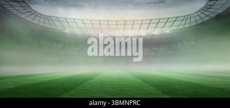 Flache Design-Kunst zeigt Rasenflächen mit Sitzreihen unter geschwungenen Dachträgern und Flutlichtern Stockfoto