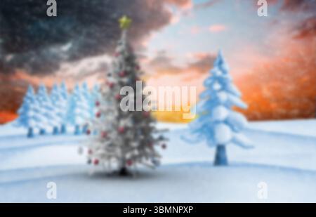 Vektor-Illustration, die verzierten Weihnachtsbaum unter Schneewehungen, Tannen, Sonnenuntergangshimmel zeigt Stockfoto