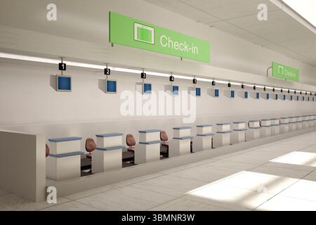 Flaches Design mit leerer Check-in-Reihe am Flughafen mit weißen Schaltern, blauen Monitoren und grünen Schildern Stockfoto