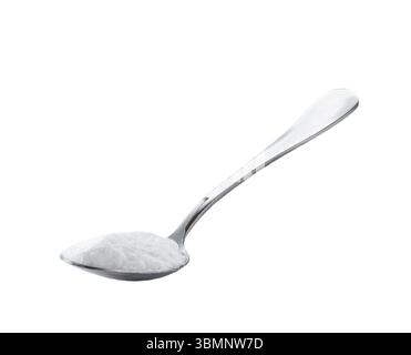 Natriumbicarbonat in einem Metalllöffel isoliert auf weißem Hintergrund. Stockfoto