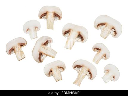 Set von frisch geschnittenen Champignonpilzen, isoliert auf weißem Hintergrund. Draufsicht Stockfoto