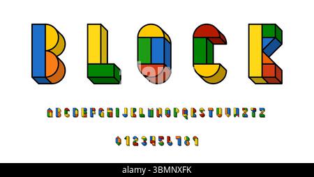 Satz von Alphabeten Schriftzeichen Buchstaben und Zahlen modernes abstraktes Design mit geometrischen Formen mit 3D-Konzeptvektorillustration Stock Vektor