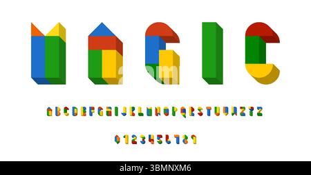 Satz von Alphabeten Schriftzeichen Buchstaben und Zahlen modernes abstraktes Design mit geometrischen Formen mit 3D-Konzeptvektorillustration Stock Vektor