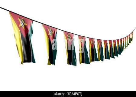 Schön viele mosambikanische Fahnen oder Banner hängen diagonal mit perspektivischer Sicht am Seil isoliert auf weiß - jede Gelegenheit Flagge 3D Illustration Stockfoto