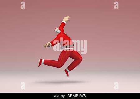 Ein Mann, der das Weihnachtsmannskostüm trägt, springt. 3D-Darstellung der Zeichentrickfigur im Schauspiel Stockfoto