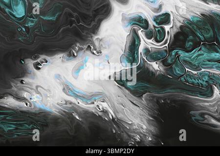 Fluid Art Acrylfarben. Abstrakte Mischung von grauen Wellen und grünen Blasen. Flüssigkeit fließt Spritzer. Hintergrund oder Textur mit Marmoreffekt Stockfoto