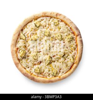 Ansicht von oben auf weißem eines ganzen frisch gebackene leckere vier Käsesorten italienische Pizza auf weißem Hintergrund. Immer noch leben. Platz kopieren Stockfoto