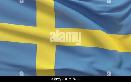 Schwingt die Nationalflagge Schwedens. Hochdetailliertes 3D-Rendering mit Nahaufnahme Stockfoto