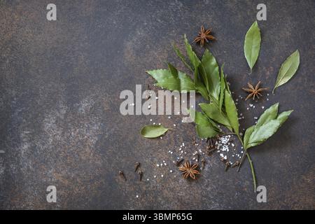 Kulinarischer Hintergrund. Lorbeerblätter mit Knoblauch, Lorbeerblätter und Pfeffer auf einem dunklen Steintisch. Draufsicht flacher Hintergrund. Kopierbereich Stockfoto