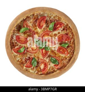 Draufsicht auf die ganze neapolitanische Pizza Margherita mit Tomaten, Mozzarella-Käse und frischen Basilikumblättern isoliert auf weißem Hintergrund. Traditionelles Italien Stockfoto