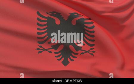 Die Nationalflagge Albaniens schwenkt. Hochdetailliertes 3D-Rendering mit Nahaufnahme Stockfoto